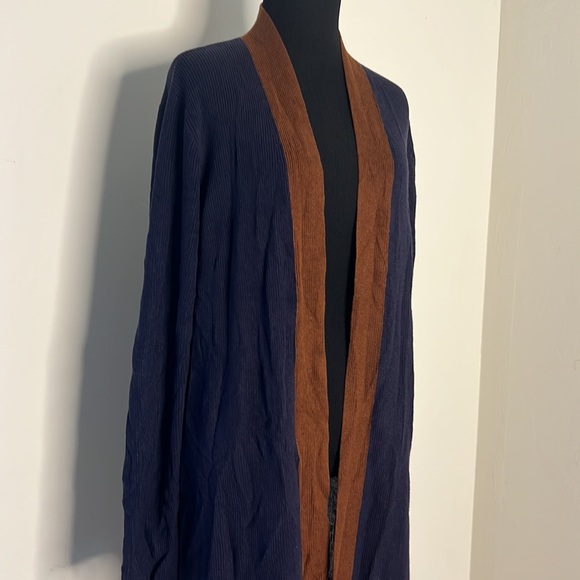 EILEEN FISHER Navy Blue Brown Trim Tencel Silk Knit Open Long Cardigan L - Picture 7 of 9